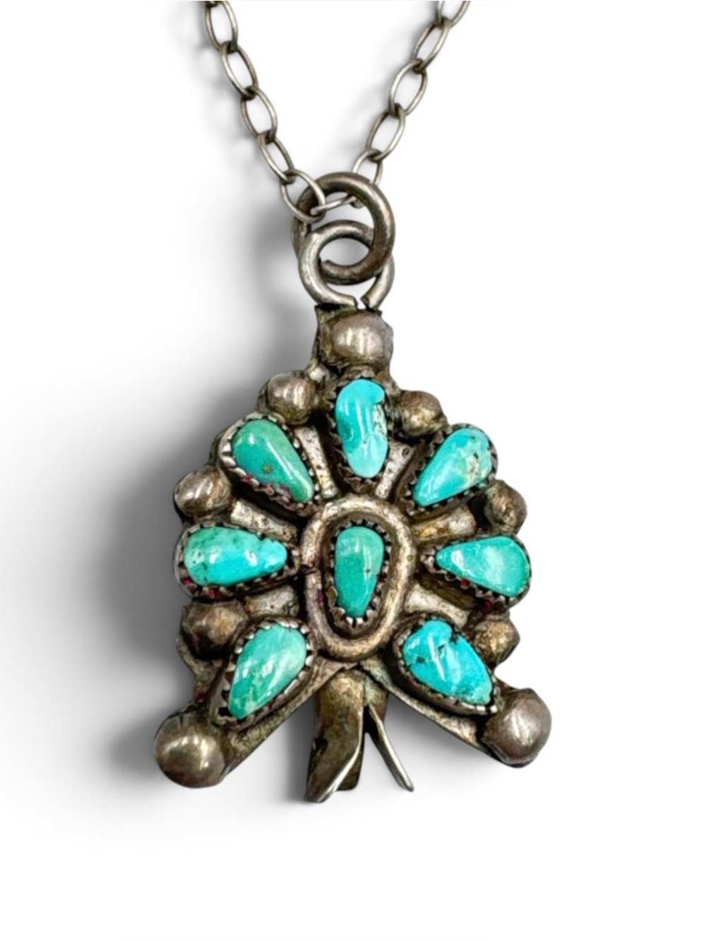 Vintage Signed Zuni Sterling Petit Point Turquoise Squash Blossom Necklace 20”